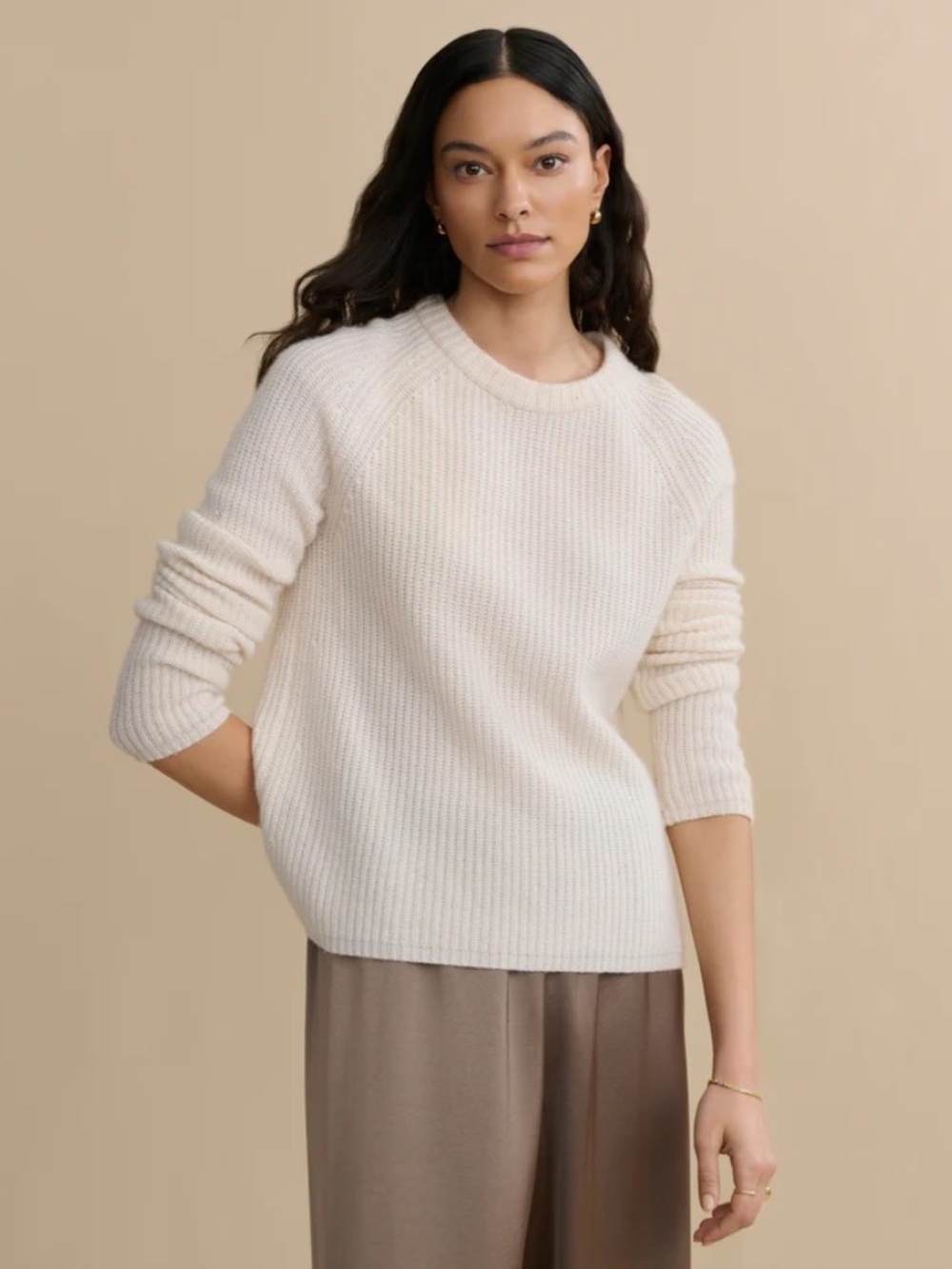 Jenni Kayne Cashmere Fisherman Sweater Ivory Knit Boxy Crewneck